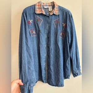 Vintage Denim Floral Embroidered Button Up Plaid Grannycore Long Sleeve Blouse